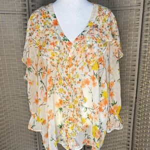 Floral Chiffon Blouse - Orange and Yellow